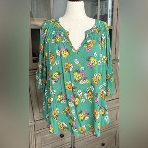 NWT Wit & Wisdom green floral 3/4 sleeve split neck top-2X